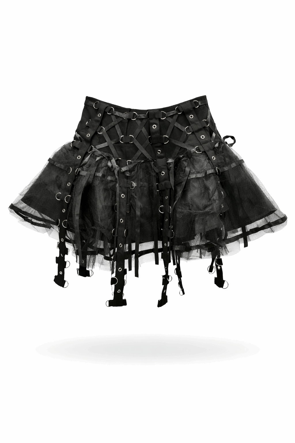 Black tutu skirt with lace-up details on a white background