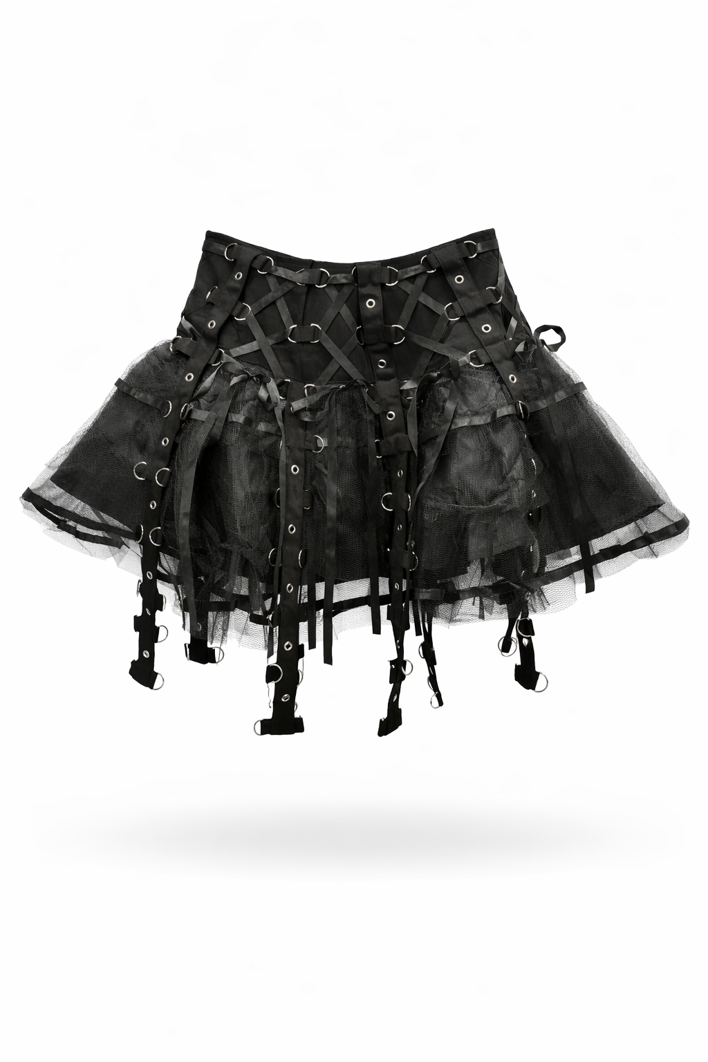 Black tutu skirt with lace-up details on a white background
