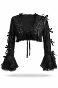Black lace bolero with corset lacing and bell cuffs.