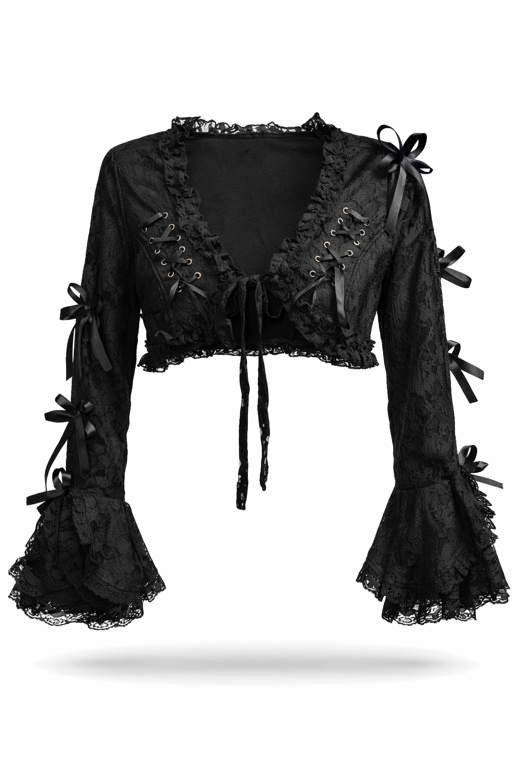Black lace bolero with corset lacing and bell cuffs.