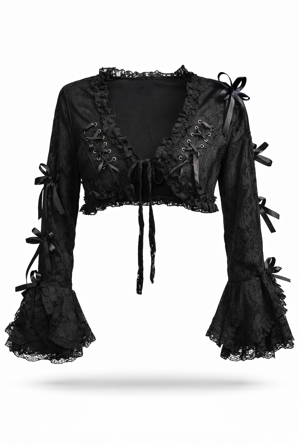 Burleska Black Lace Bolero With Princess Corset Lacing featuring lace detail and bell cuffs.