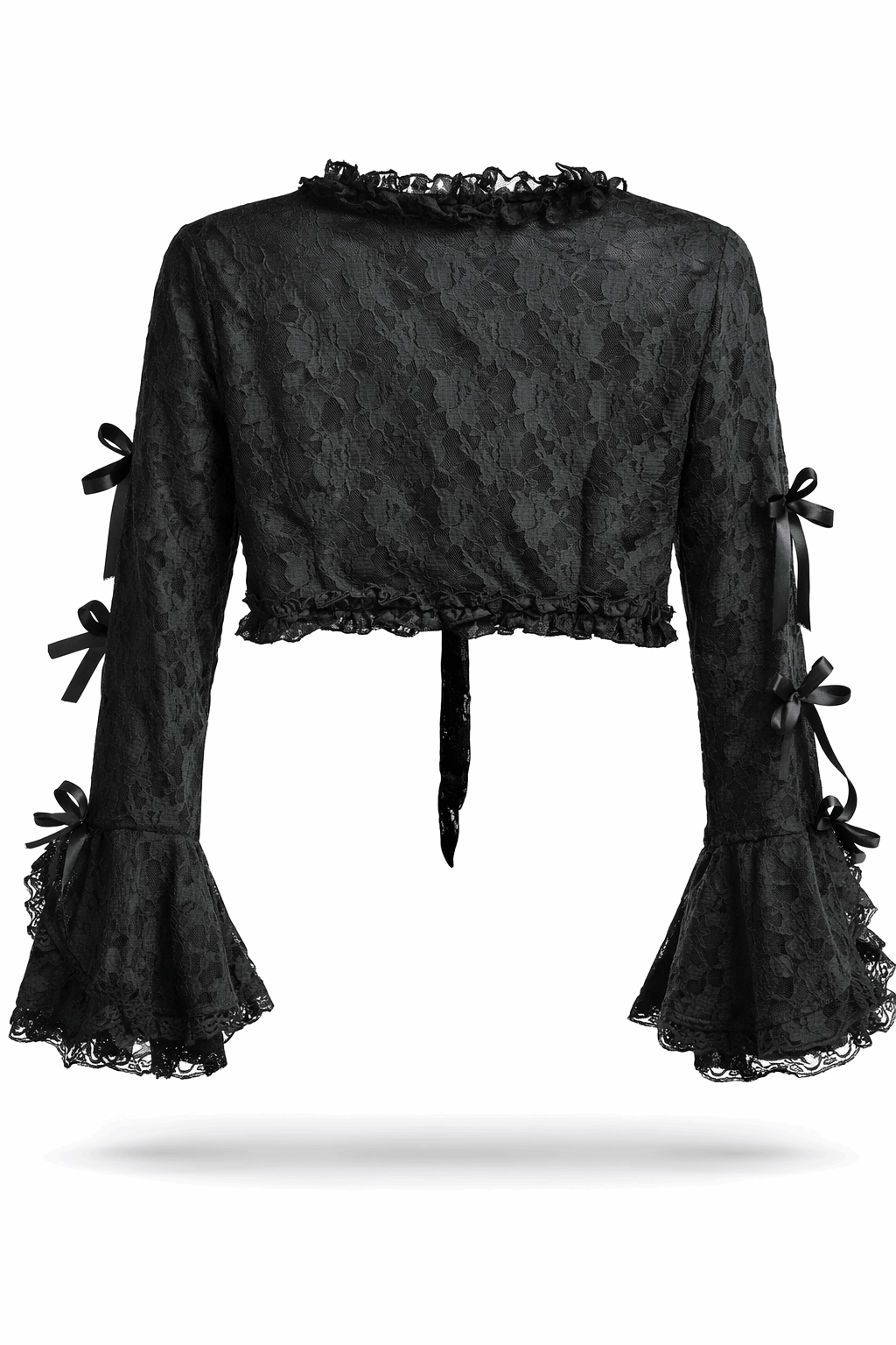 Burleska Black Lace Bolero With Princess Corset Lacing showcasing lace details and bell cuffs.