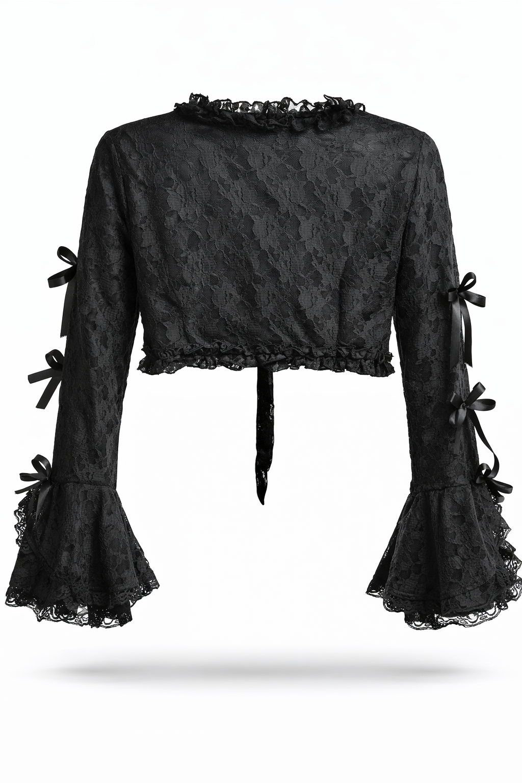 Burleska Black Lace Bolero With Princess Corset Lacing showcasing lace details and bell cuffs.