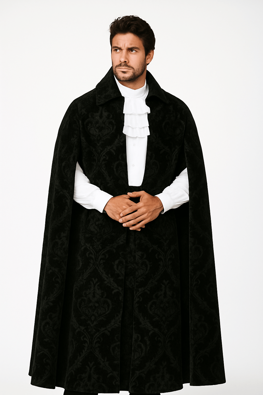 Black Brocade Men's cape - Dramatic Opera Cape worn by model showcasing its elegant design and dramatic style.