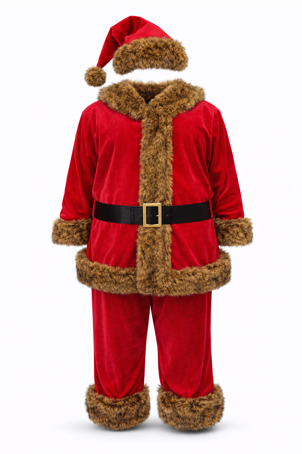 Trim and Tradition Santa suit with red coat and fur trim.
