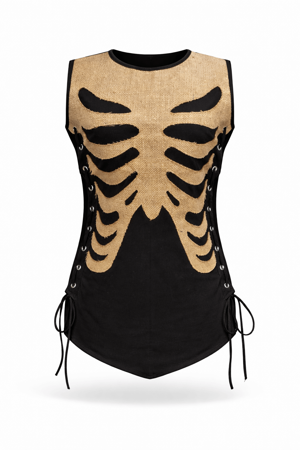 Black tunic vest with burlap ribcage applique.