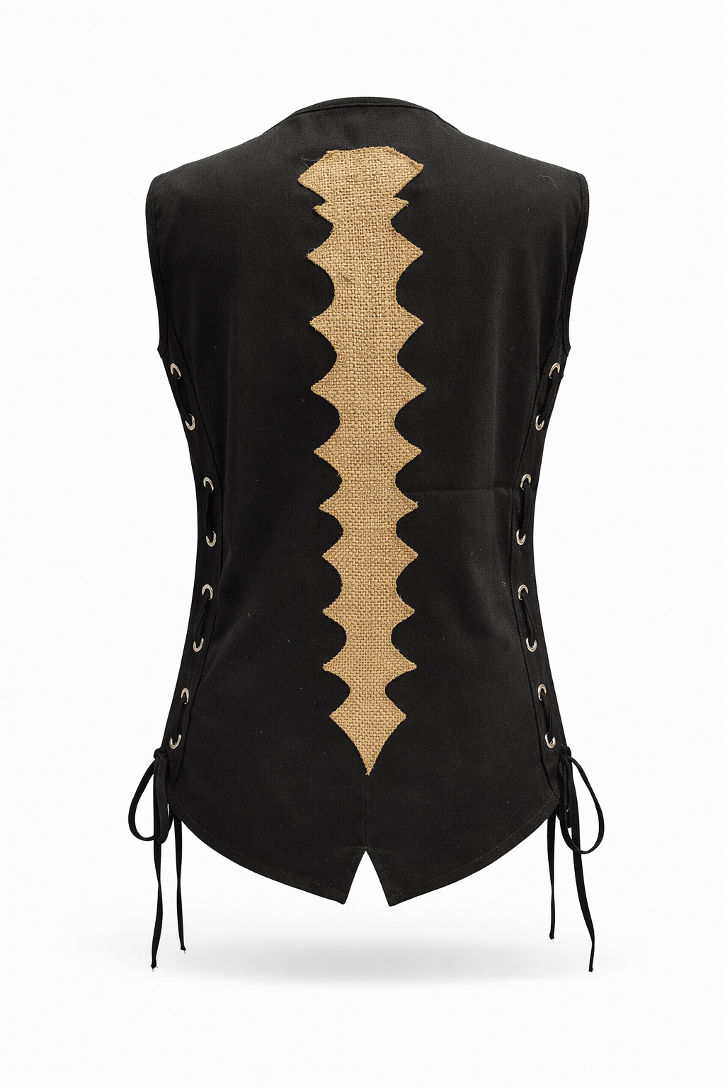 Back view of the Burlap Ribcage Tunic Vest showcasing a jute burlap appliqué with unique cut details.