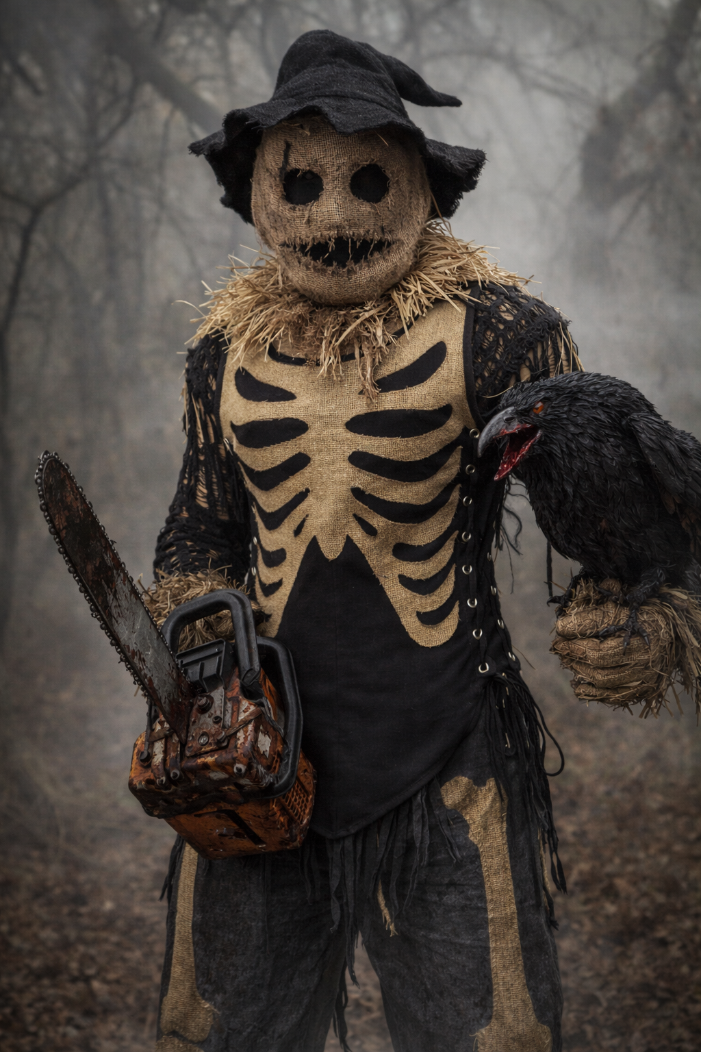 Scarecrow figure in burlap tunic with skeletal design, holding chainsaw and crow in misty forest setting.