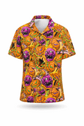Flaming pumpkin button-up shirt.