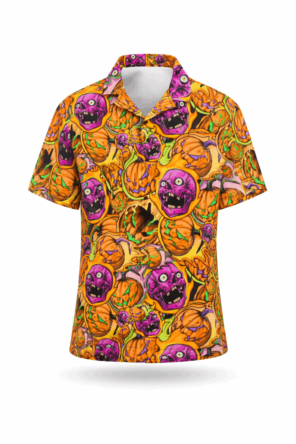 Flaming pumpkin button-up shirt.