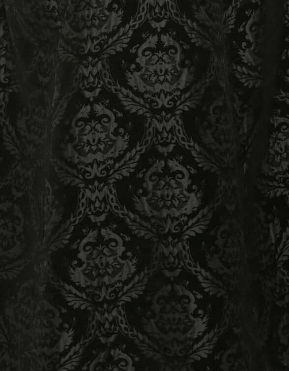 Black Brocade Men's cape - Dramatic Opera Cape fabric close-up showcasing rich baroque-patterned velvet brocade.