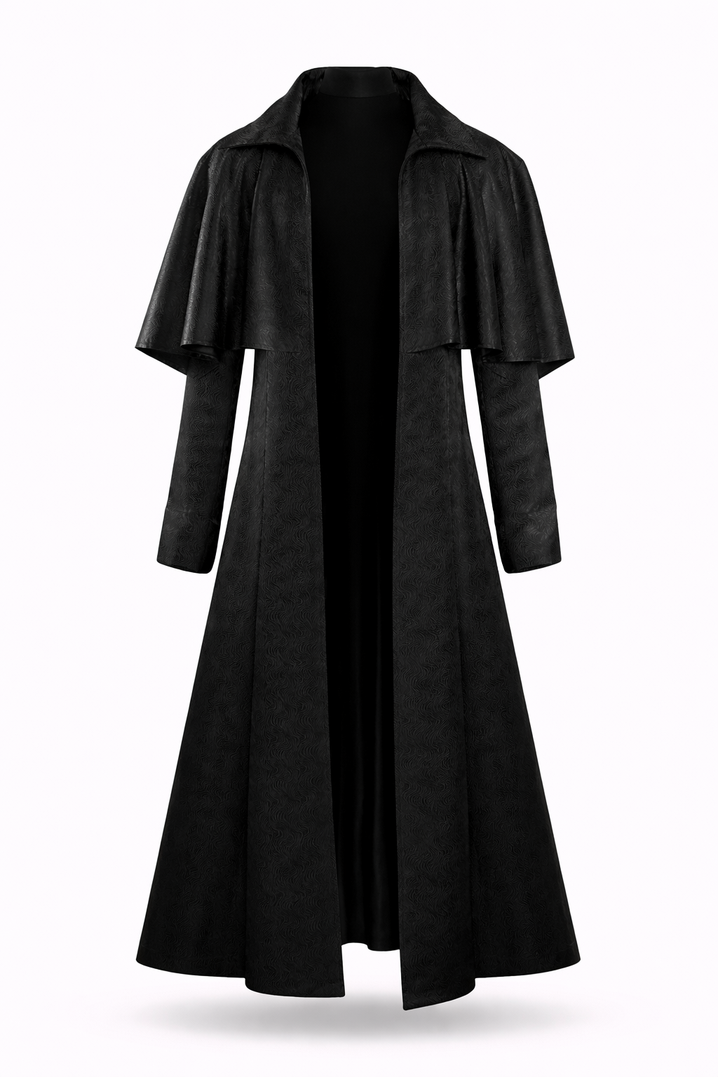 Black swirling brocade cape coat.
