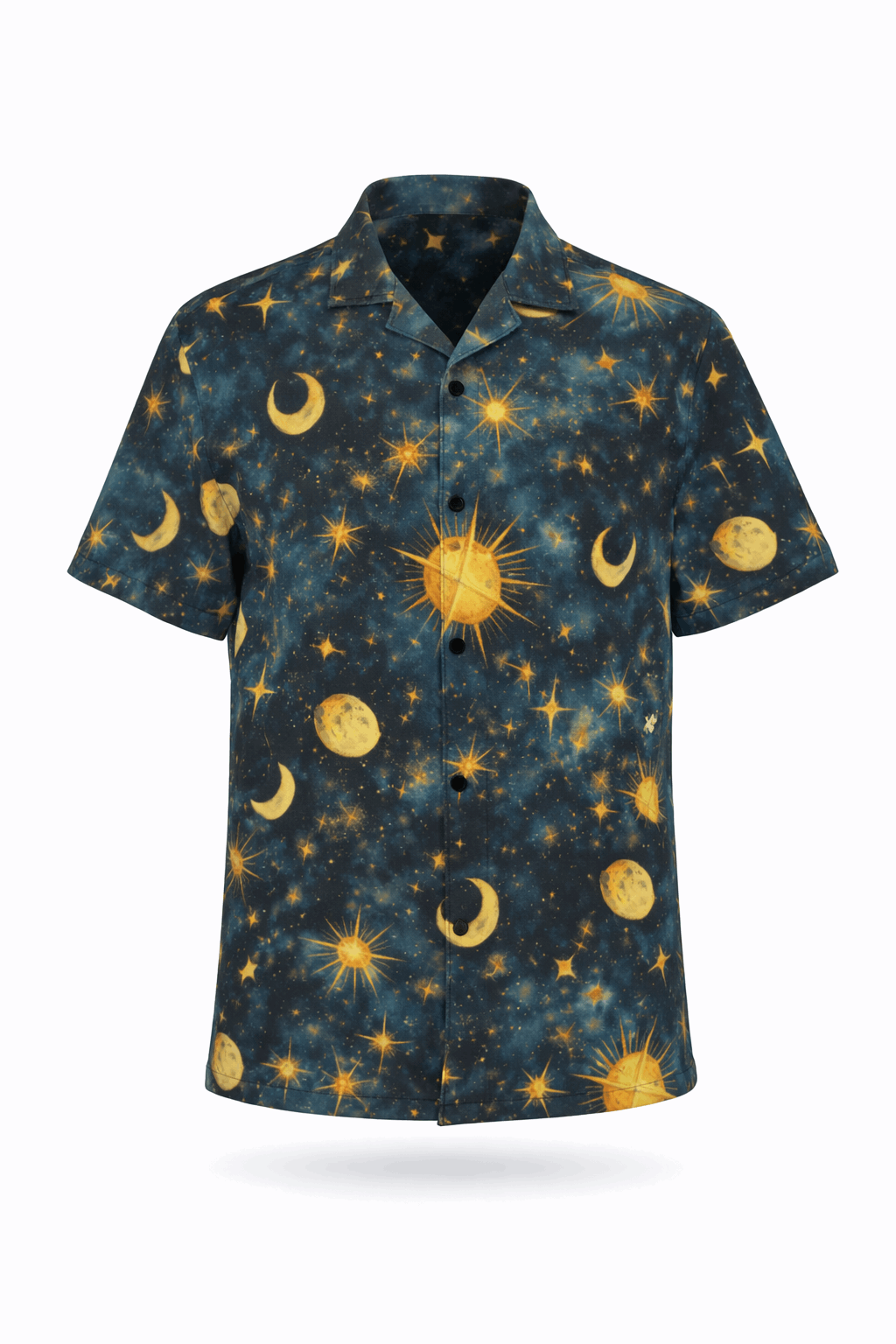 Celestial button-up shirt with suns, moons, and constellations.