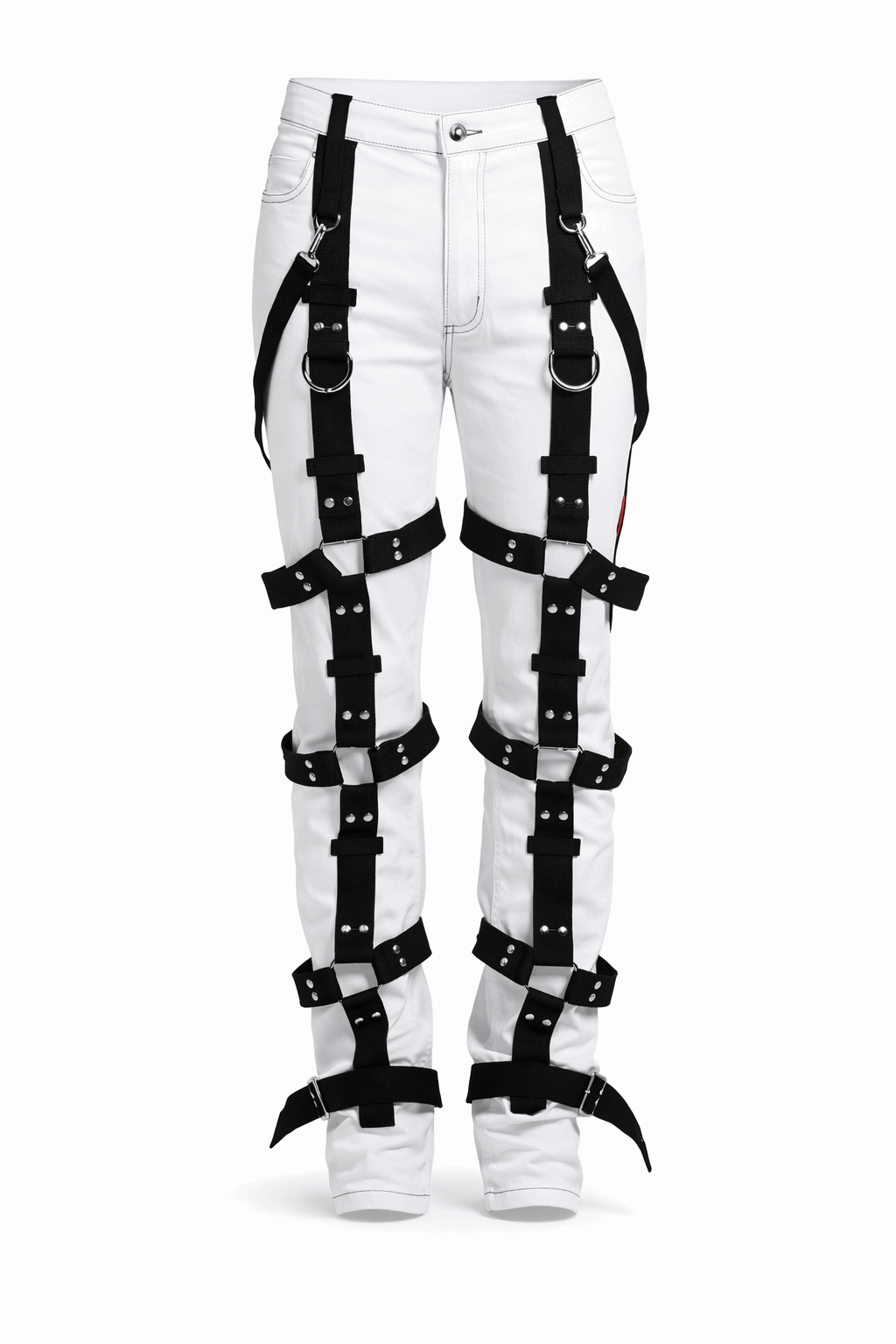 White Tripp NYC pants with black harness straps.
