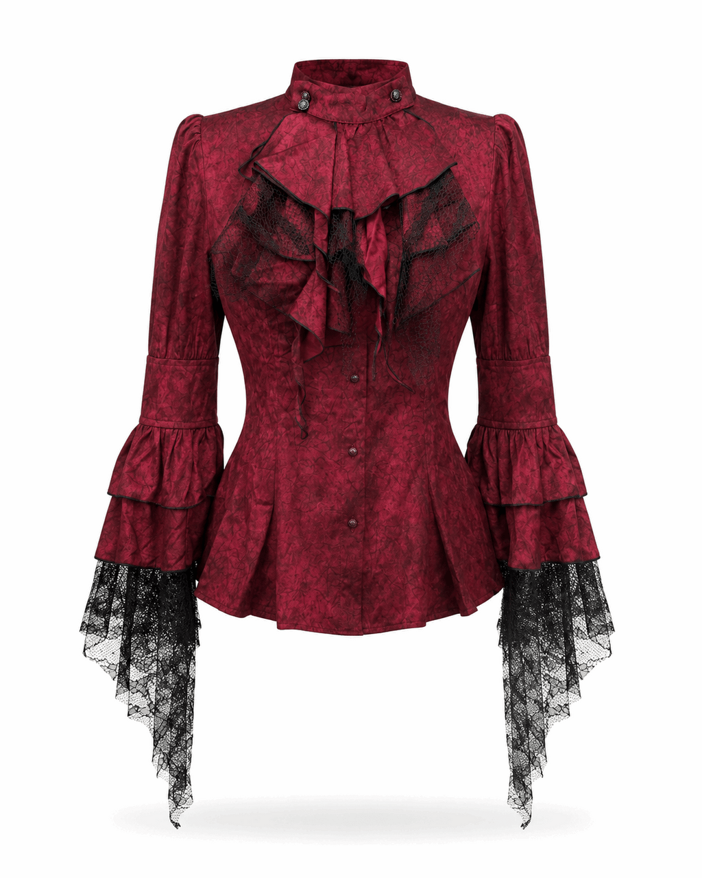 Crimson button-up blouse with removable ascot.