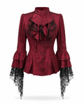 Crimson button-up blouse with removable ascot.