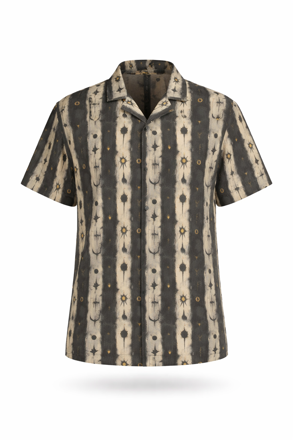 Conjuring Stripes button-up shirt featuring mystical patterns in charcoal and bone colors.