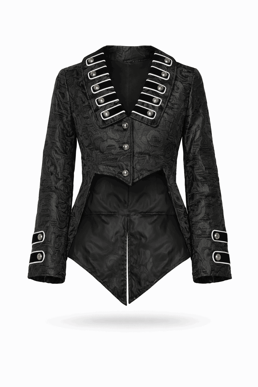 Black brocade hi-low jacket with white trim.