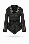 Black brocade hi-low jacket with white trim.