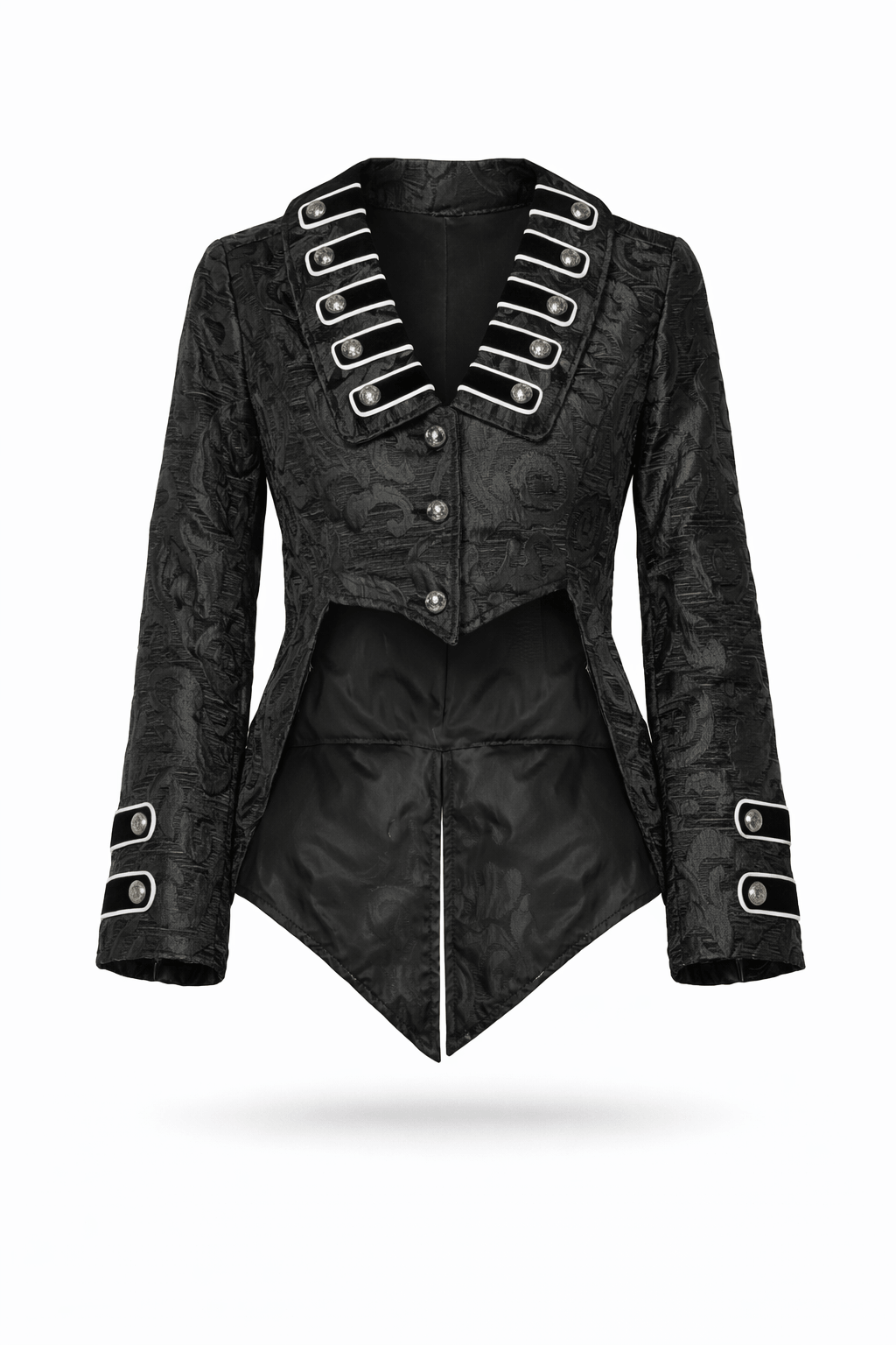 Black Brocade Hi-Low Jacket with White Trim featuring decorative buttons and structured fit.
