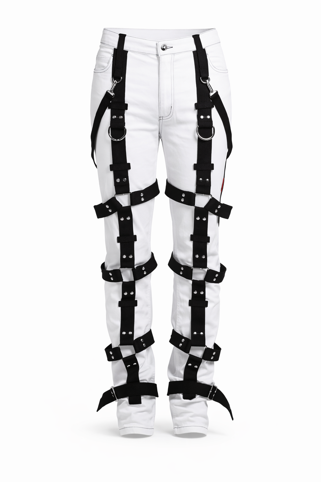 white bondage pants with harness featuring black stretch straps and D-rings, designed for a bold statement.