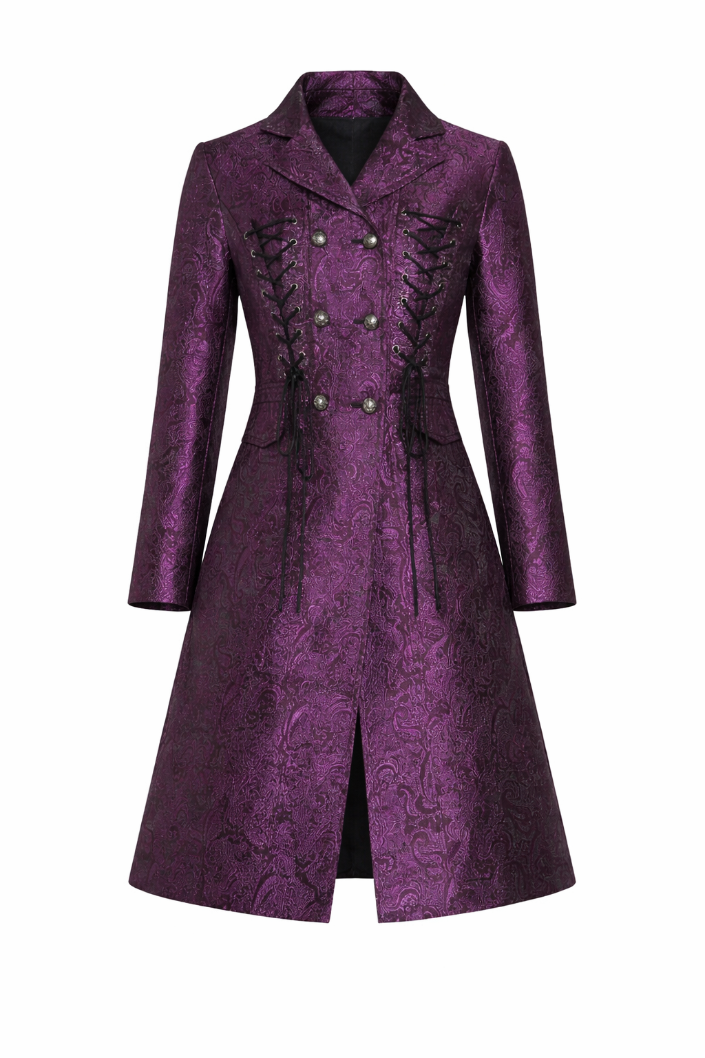 Purple metallic brocade jacket with mock corset lacing.