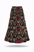 Crimson baroque floral tiered maxi skirt.