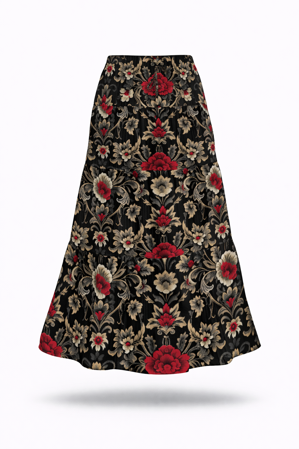 Crimson baroque floral tiered maxi skirt.