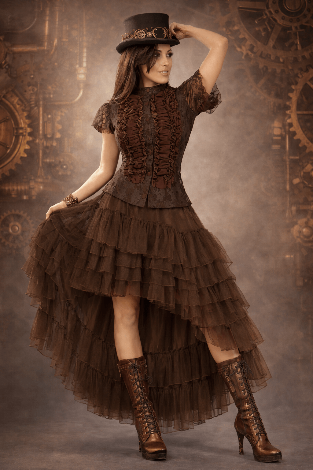 Model wearing the Amelia Long Burlesque Skirt – Brown Mesh with a steampunk hat and tall boots, posing elegantly.