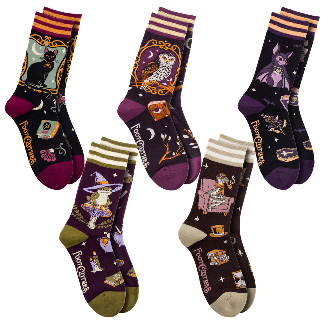Five-design Cozy Witch crew sock pack.