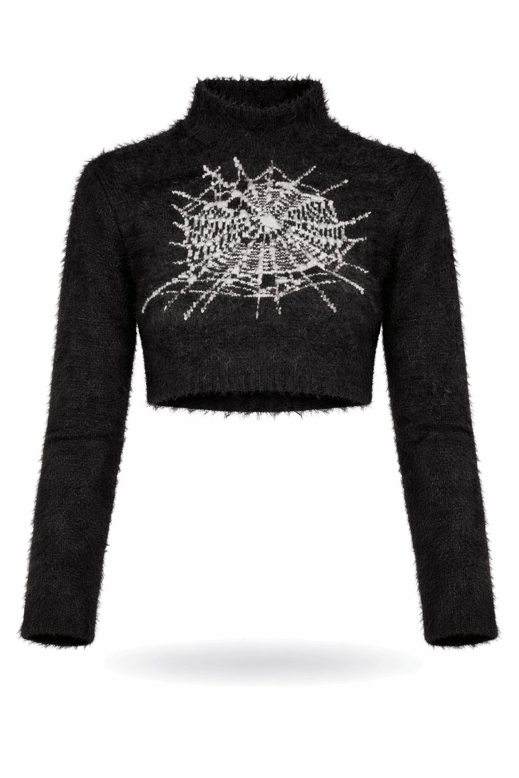 Cropped fuzzy sweater with spiderweb design.
