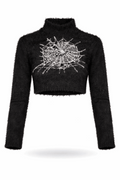 Cropped fuzzy sweater with spiderweb design.