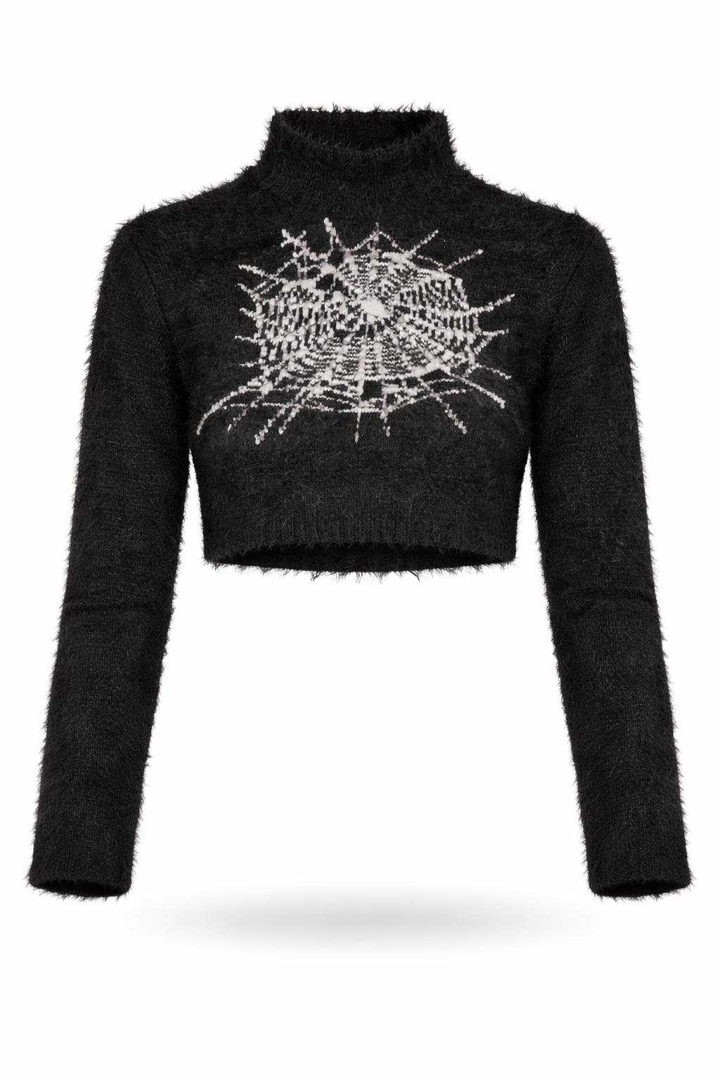 Spiderweb Cropped Fuzzy Sweater featuring a bold spiderweb design in a cozy fuzzy texture.