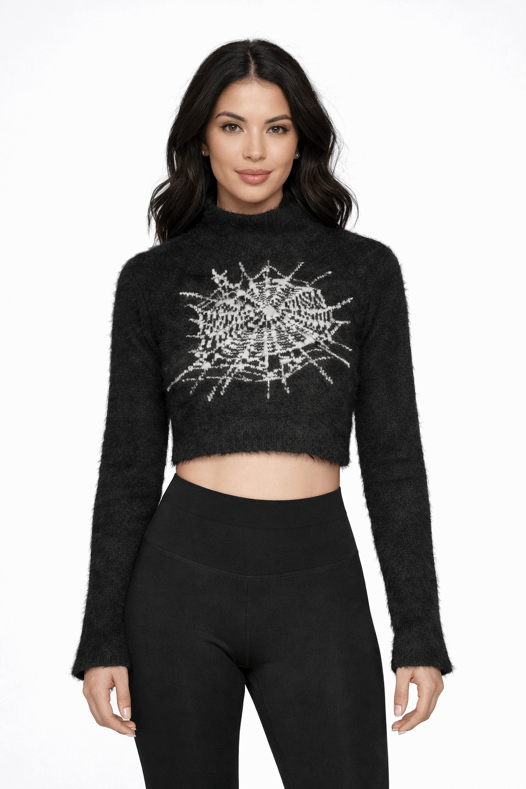 Spiderweb Cropped Fuzzy Sweater featuring a spooky spiderweb design and a cozy fuzzy texture.