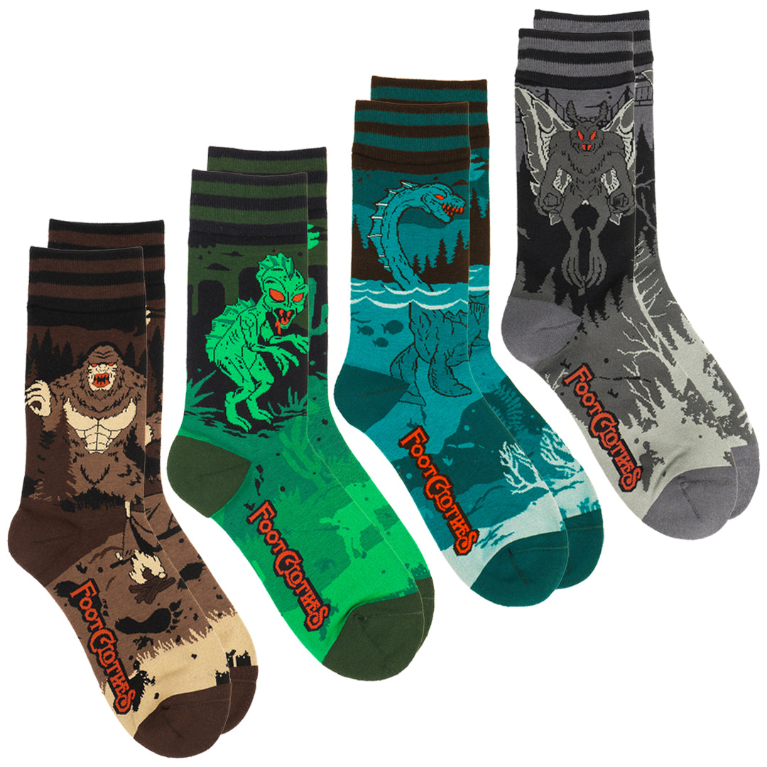 Four-design cryptid crew sock pack.