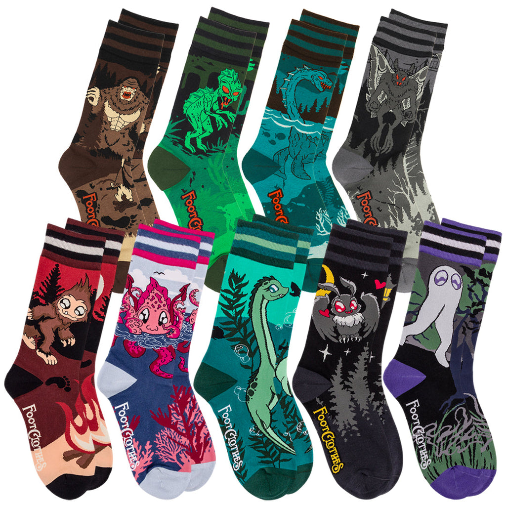 Nine-design cryptid crew sock pack.