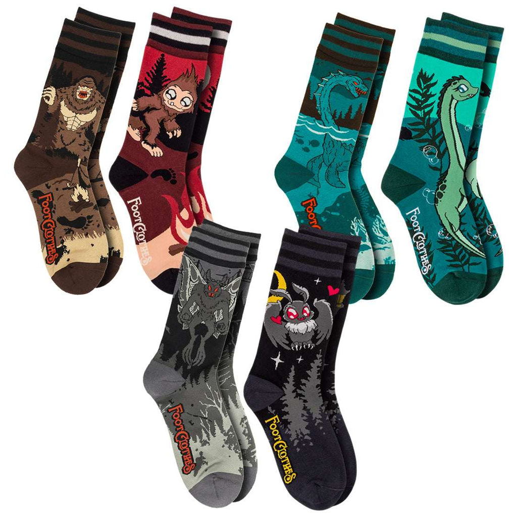 Six-design cute and evil cryptid crew sock pack.