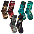 Six-design cute and evil cryptid crew sock pack.