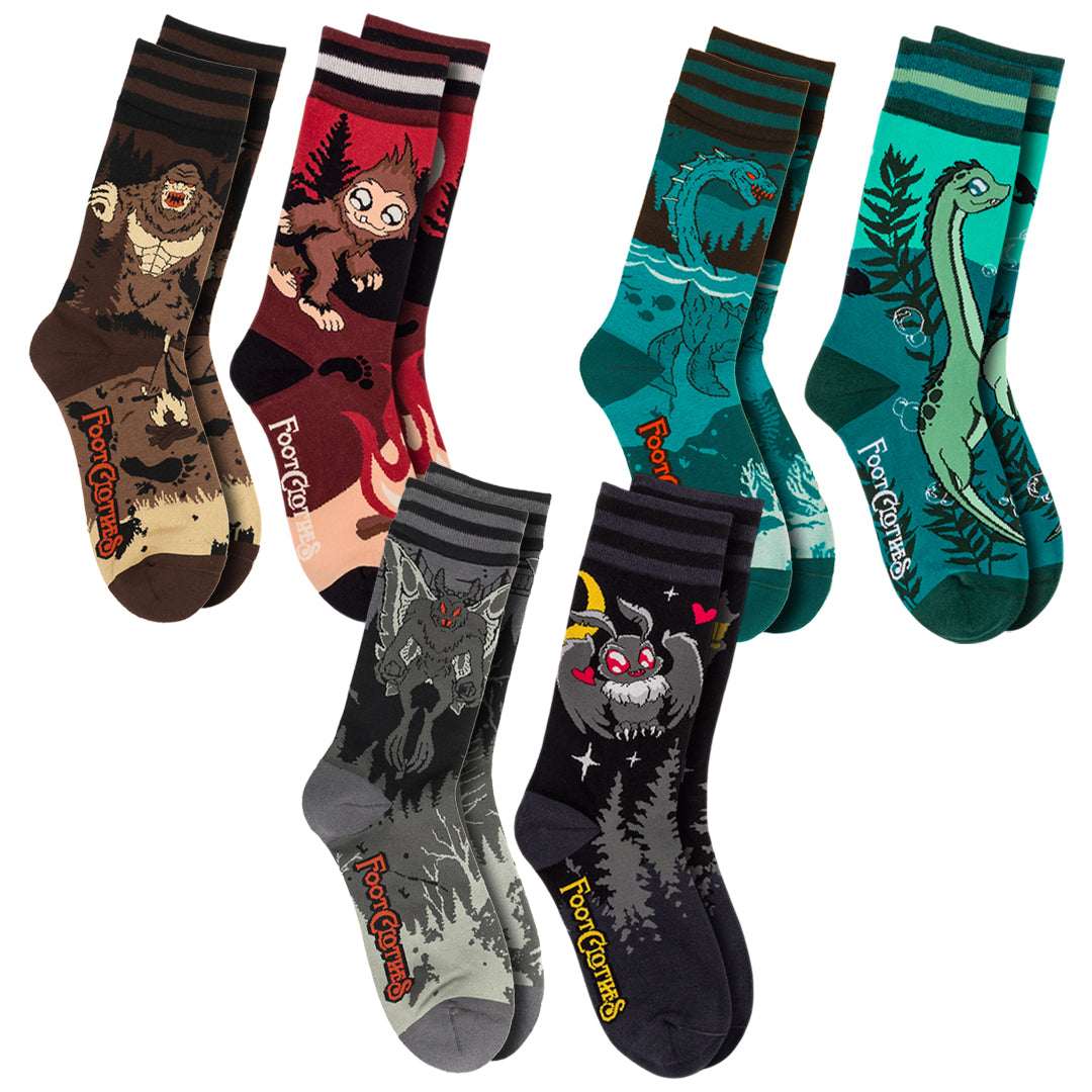 Six-design cute and evil cryptid crew sock pack.