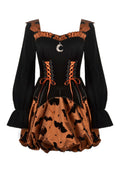 Black mini dress with copper-orange bat print.