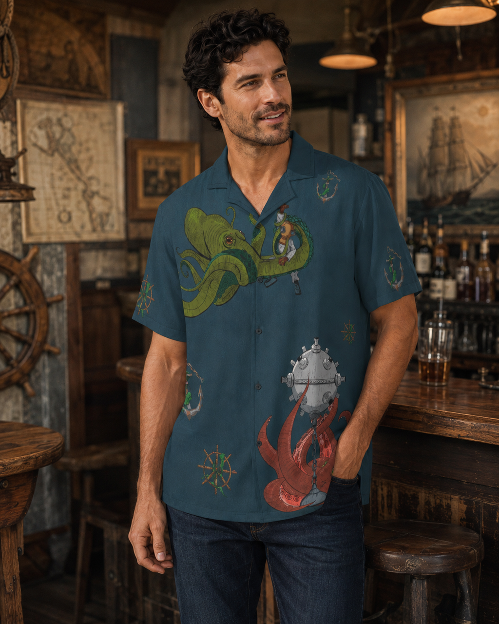 A man wearing a short-sleeve button-up shirt with a nautical octopus and lobster print, standing in a rustic bar environment.