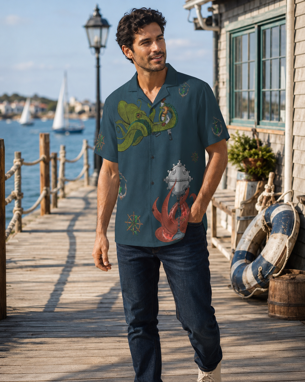 A man walking on a wooden dock by the water wearing a short-sleeve button-up shirt with a colorful sea creature print, dark blue jeans, and white sneakers.
