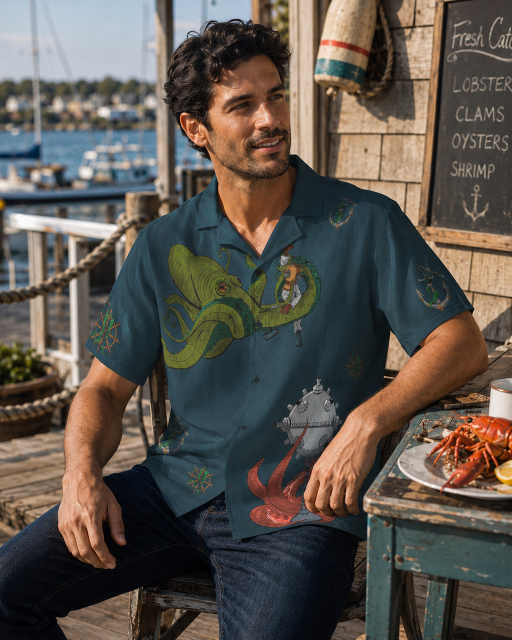 A man sitting on a wooden dock chair wearing a teal short-sleeve button-up shirt with a green octopus and red lobster graphic print, with a nautical restaurant background.