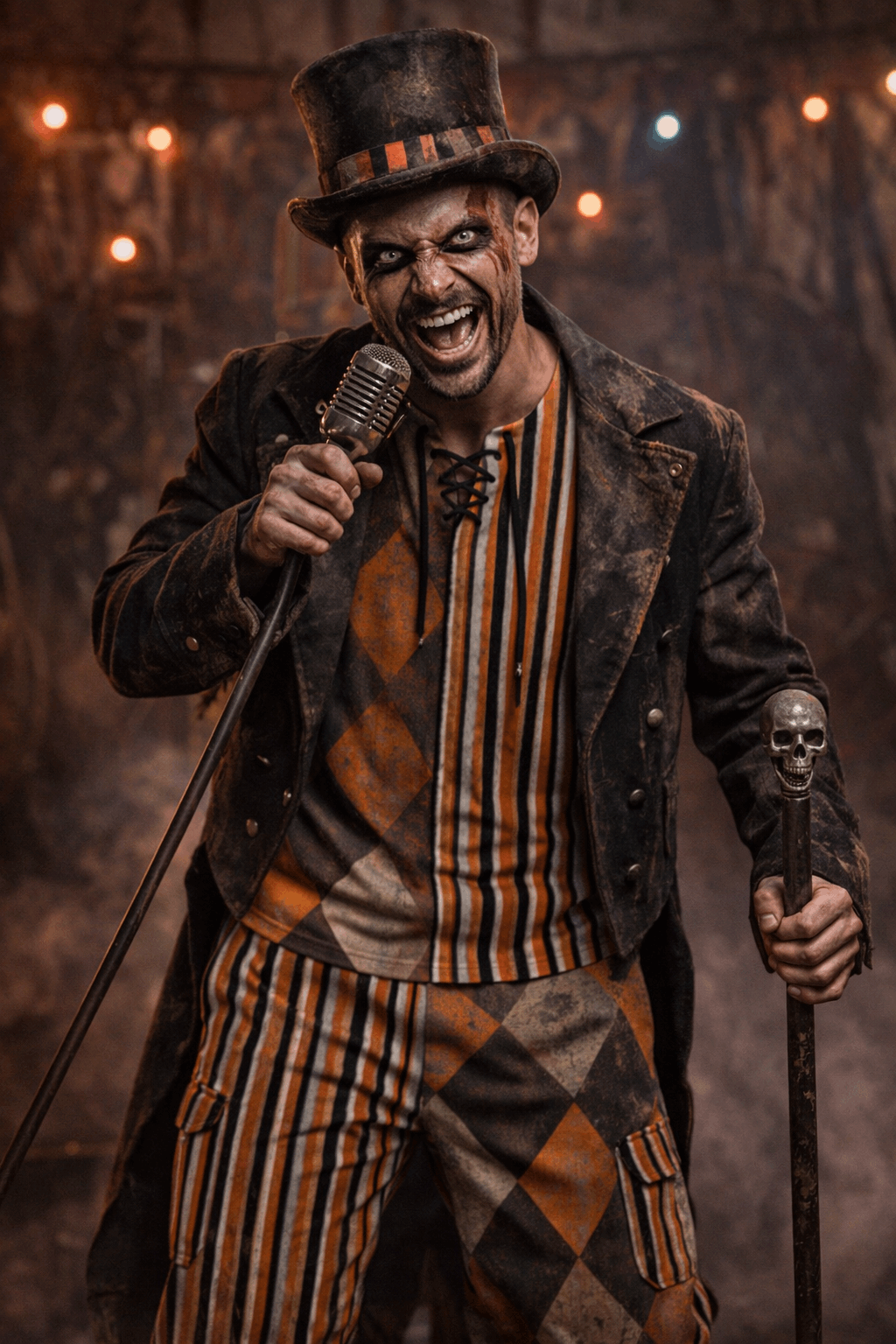 Man wearing WREKED Schitzo Stripe & Harlequin Print Cargo Pants, performing with a vintage microphone in a circus-themed setting.