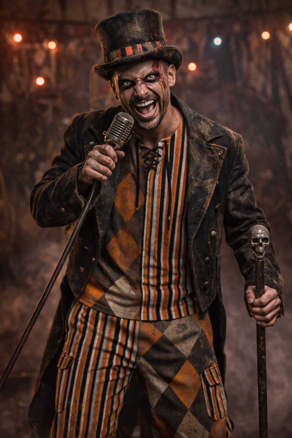 Man wearing WREKED Schitzo Stripe & Harlequin Print Cargo Pants, performing with a vintage microphone in a circus-themed setting.
