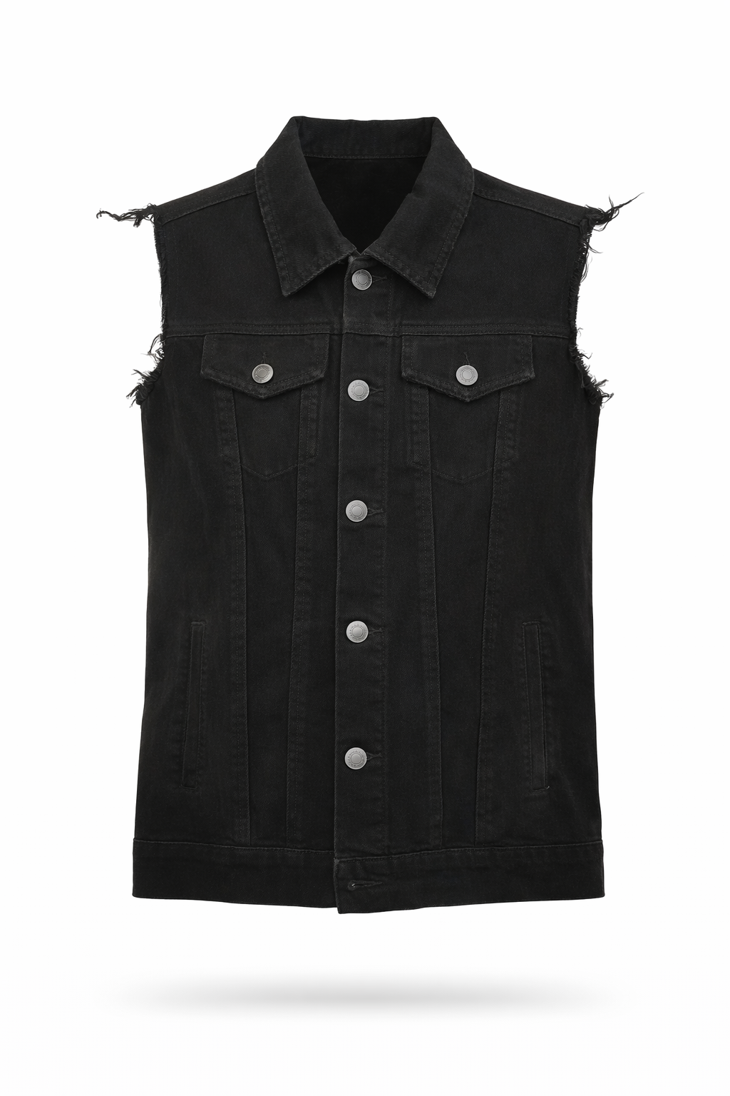 Distressed sleeveless denim moto vest.