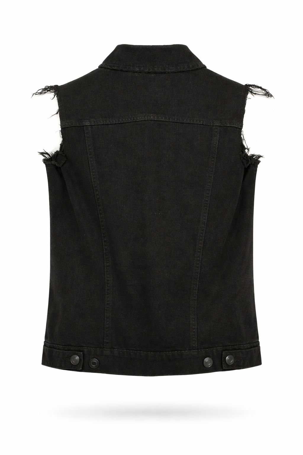 Denim moto Vest – Punk Streetwear Outerwear, black sleeveless denim vest with distressed details.