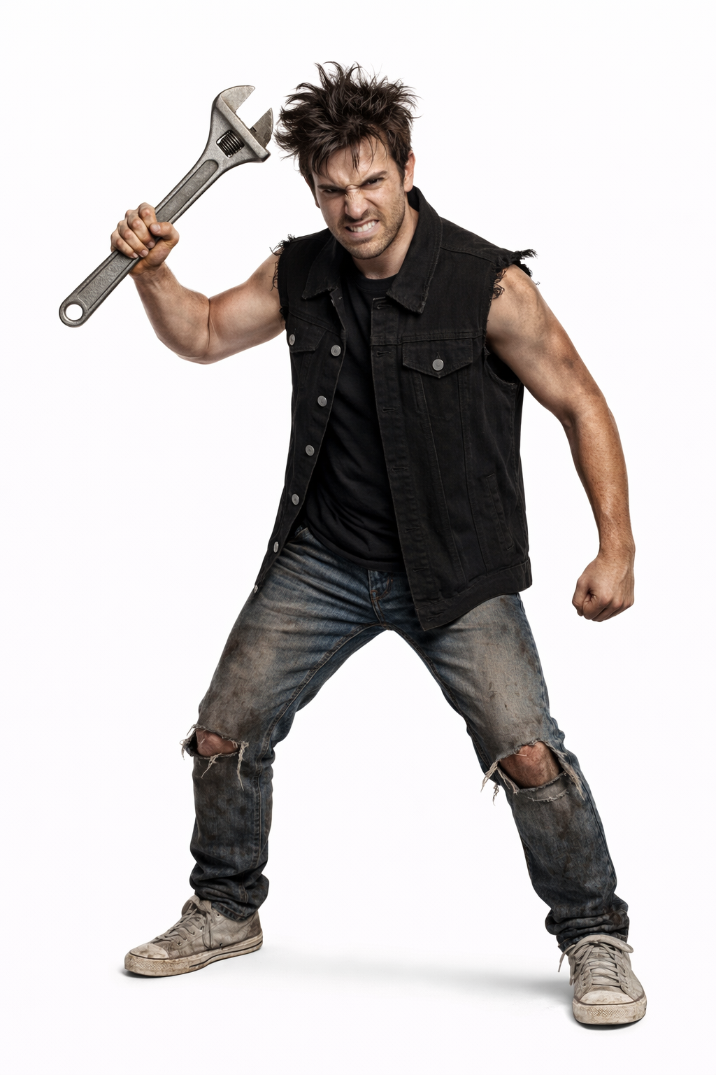 Denim moto Vest – Punk Streetwear Outerwear worn by a model holding a wrench in a gritty pose.