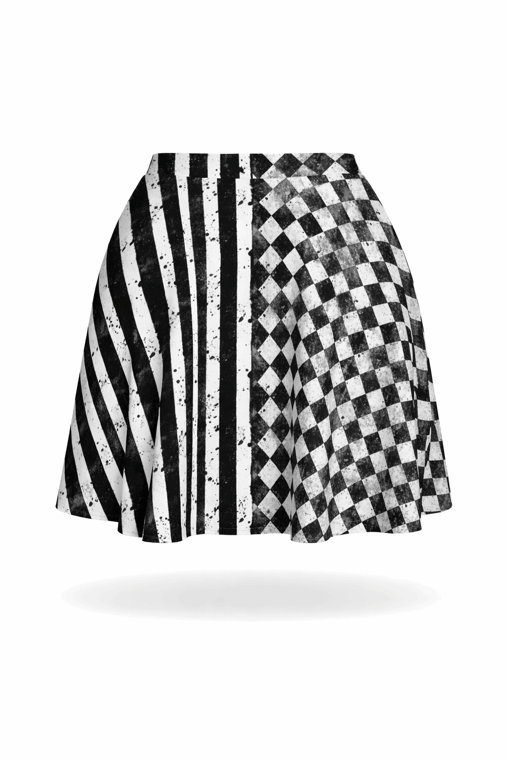 Dirty Diamonds short skirt with checkerboard and stripe panels.