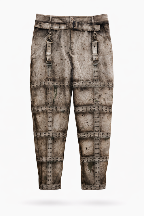Asylum Jeans featuring a unique institutional grid design with grommeted strap panels and a rugged, worn look.